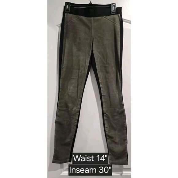 THEORY CULLEN LAMB LEATHER STRETCH‎ TWILL BLACK OLIVE PANTS LEGGINGS SIZE 4 EUC - Picture 1 of 5